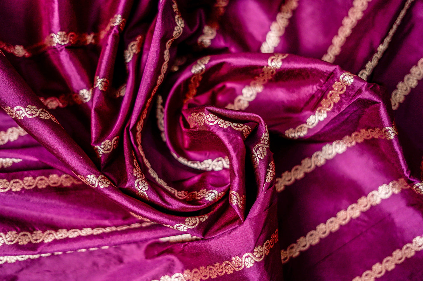 Pure Katan Banarsi (Rich purple with gold zari motifs)