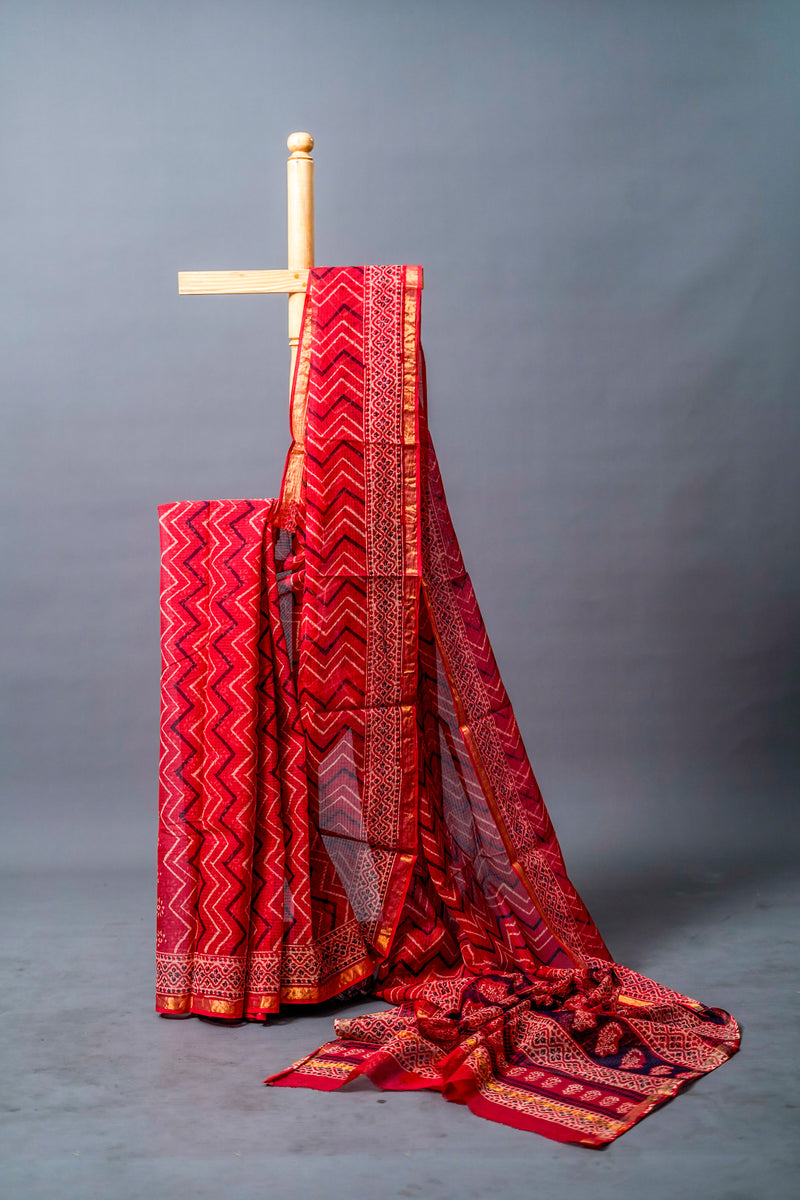 Rich Red Moonga Kota Silk Saree, Gold Zigzag