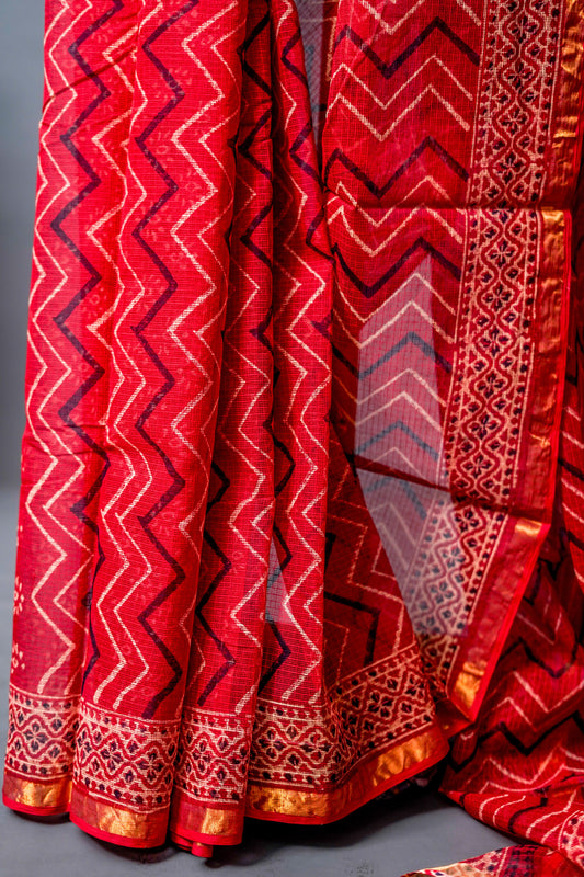 Pure Moonga Kota Saree (Rich red base with gold zigzag ) - Atulyakarigari
