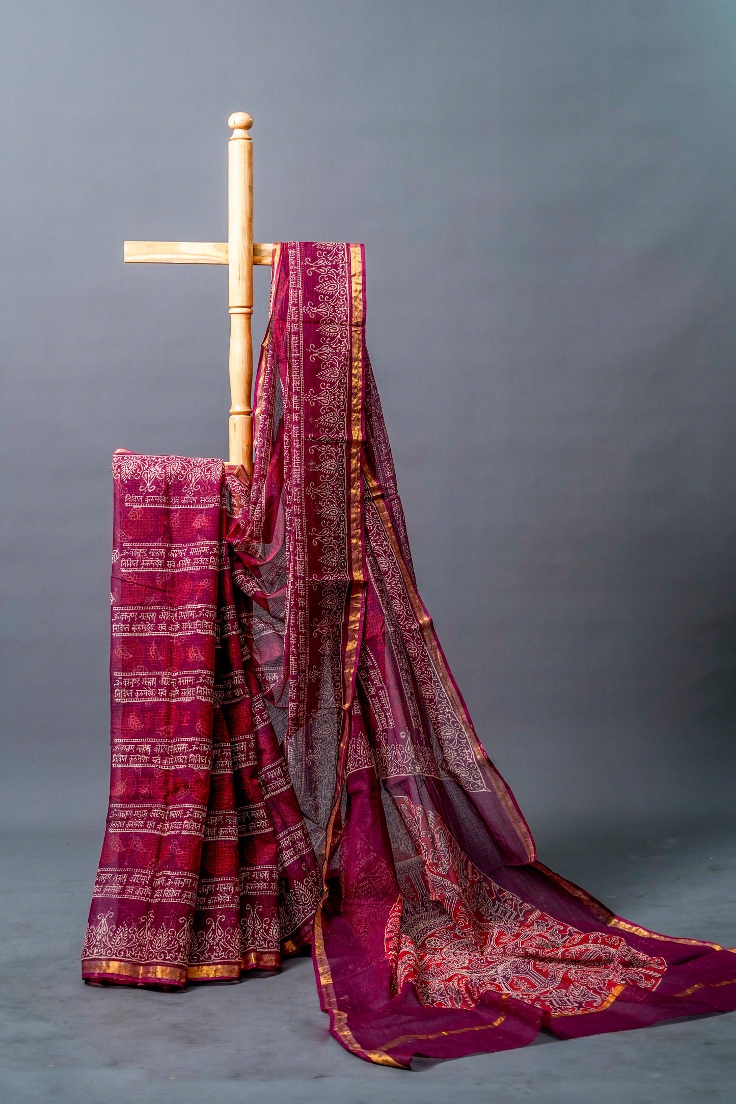 Pure Moonga Kota (Deep maroon base with intricate gold and white patterns)