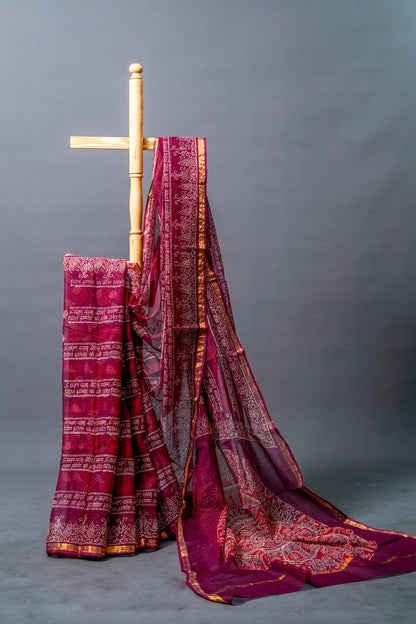 Pure Moonga Kota (Deep maroon base with intricate gold and white patterns)