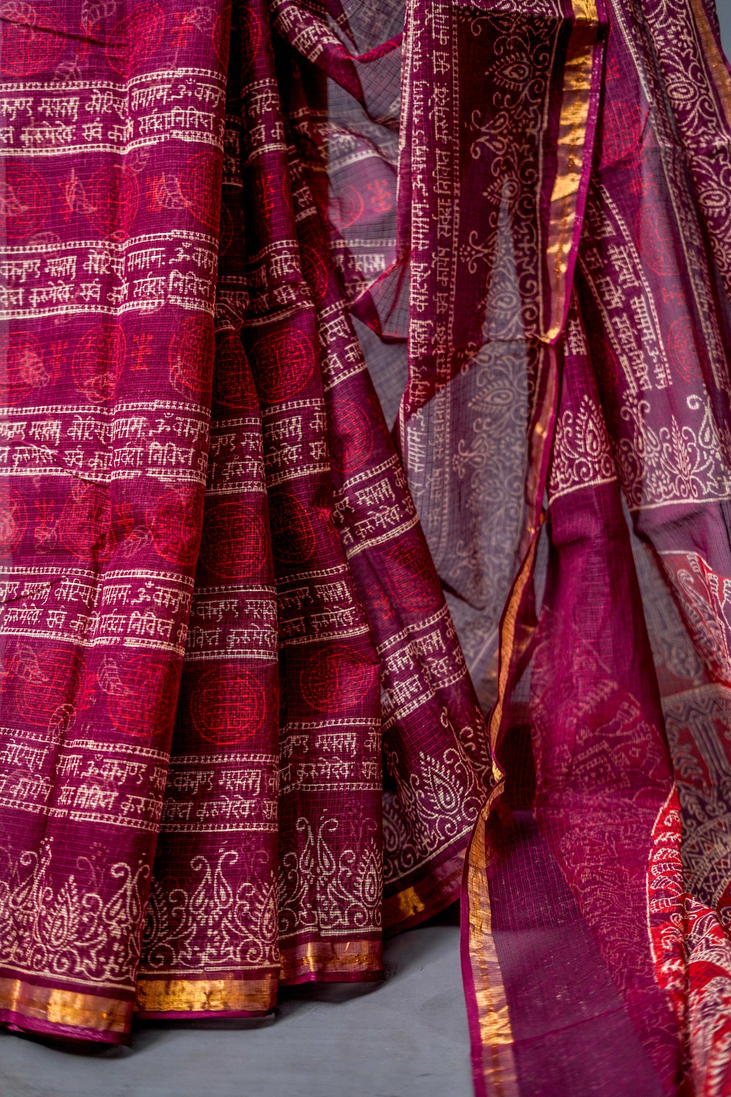 Pure Moonga Kota (Deep maroon base with intricate gold and white patterns)