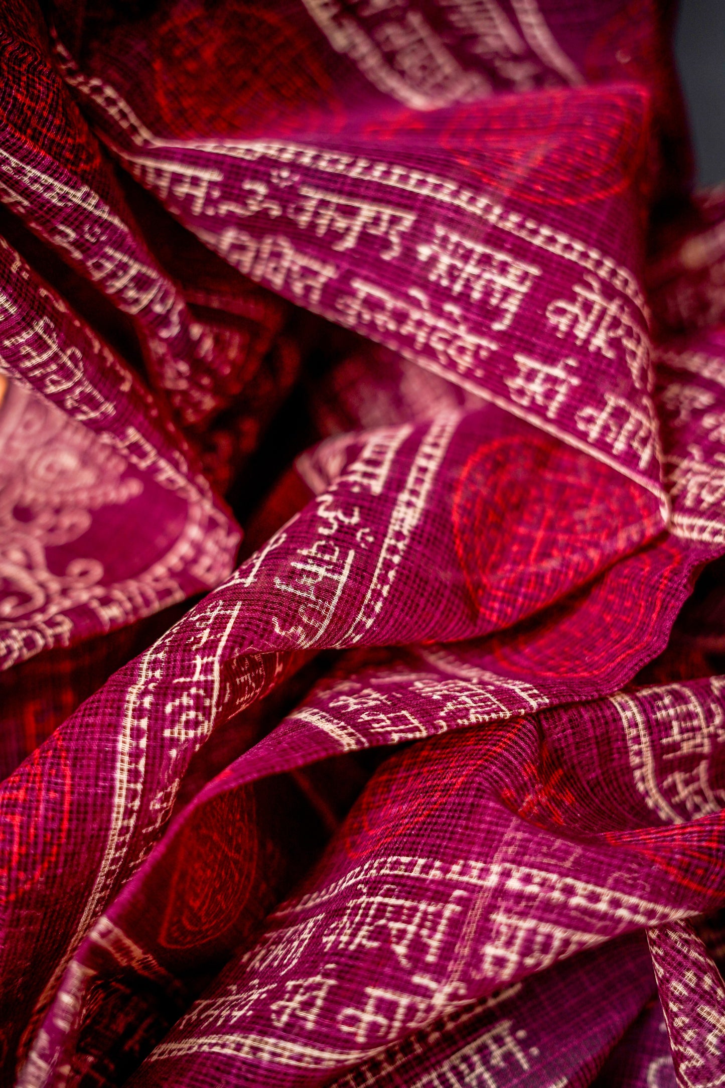Pure Moonga Kota (Deep maroon base with intricate gold and white patterns)
