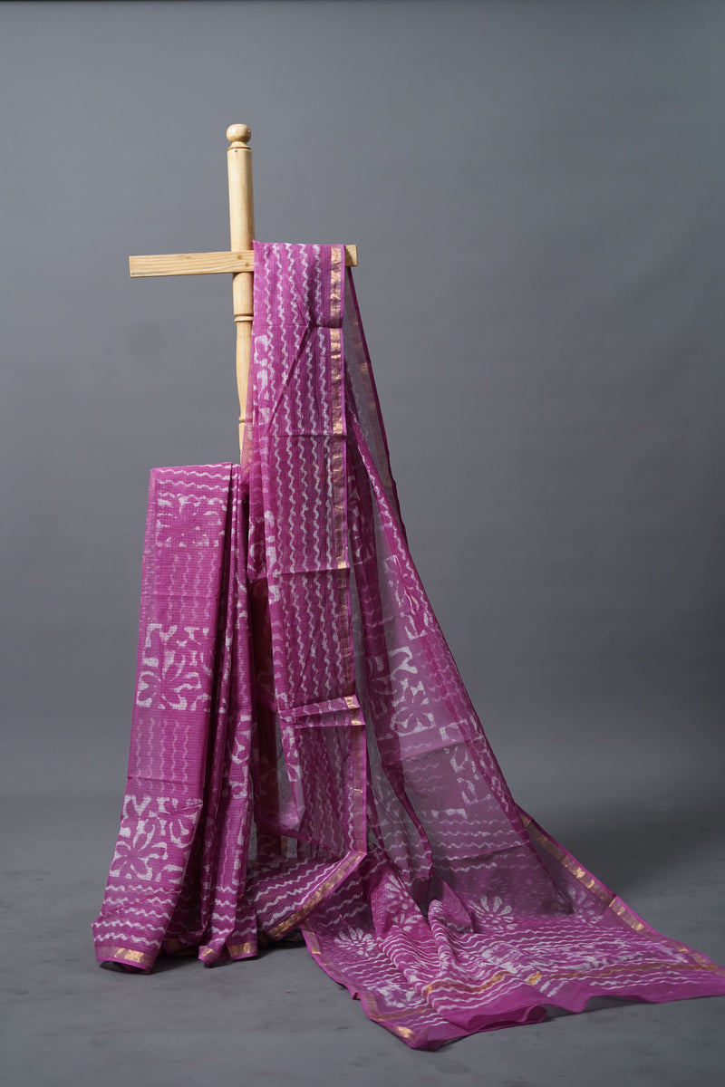 Magenta Moonga Kota Silk Saree, White, Handloom
