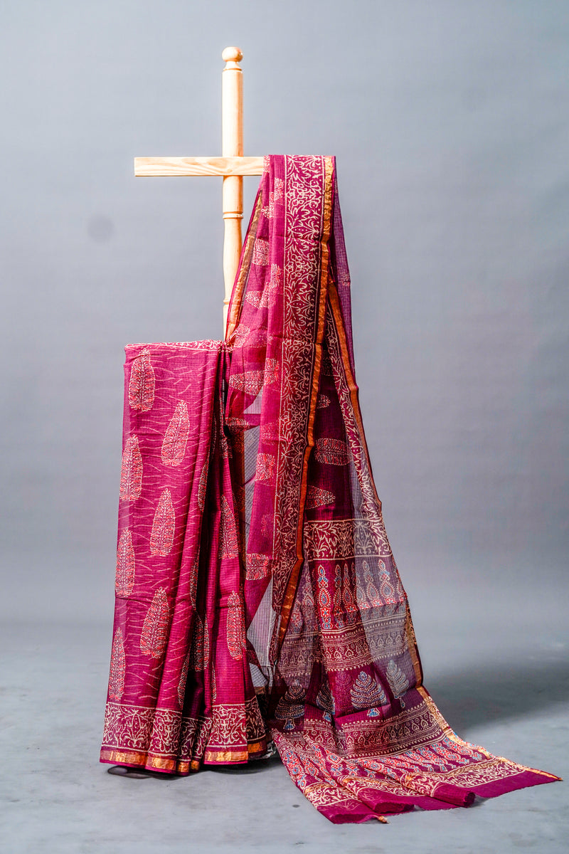 Deep Maroon Moonga Kota Silk Saree, Gold Zari