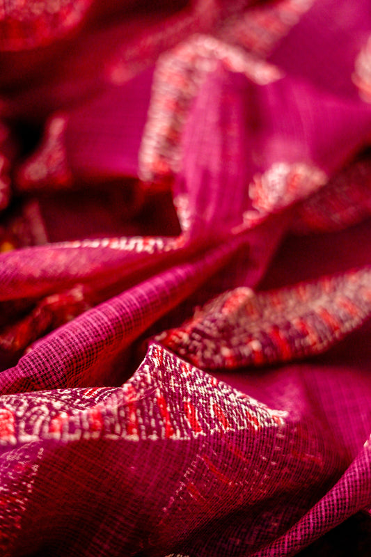Pure Moonga Kota Saree (Deep Maroon with Gold Zari Motifs) - Atulyakarigari