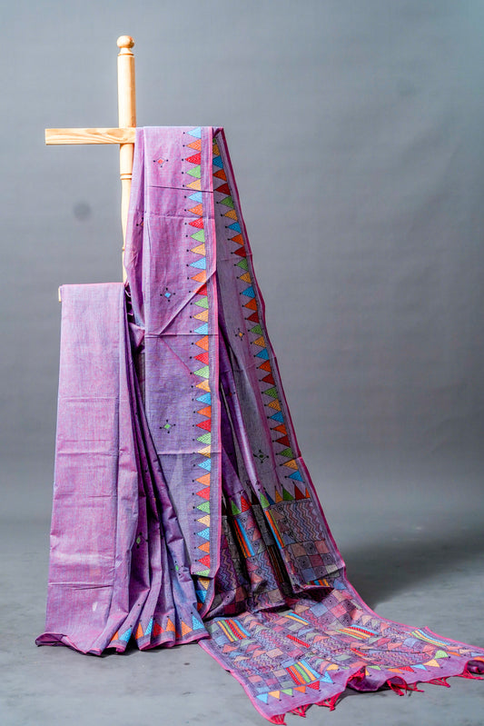 Pure Kantha Cotton (Purple with Multicolour Accents)