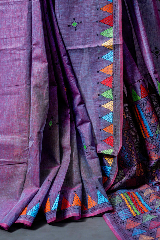 Pure Kantha Cotton Saree (Purple with Multicolour Accents) - Atulyakarigari