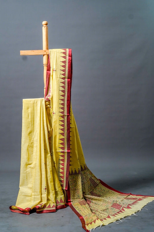 Pure Kantha Cotton saree (Soft Yellow)