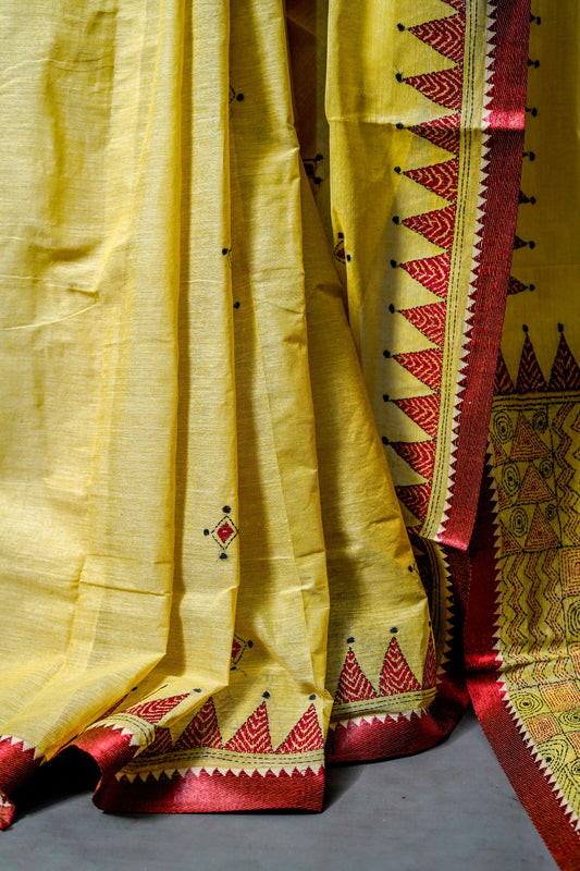 Pure Kantha Cotton Saree (Soft Yellow) - Atulyakarigari