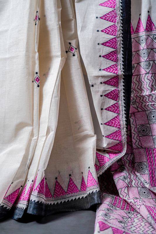 Pure Kantha Cotton Saree (Off-White/Ivory Base) - Atulyakarigari