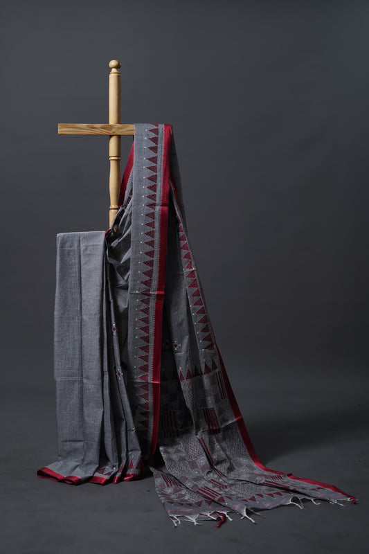 Pure Kantha Cotton  (Charcoal Grey Base with Maroon-Red Border)
