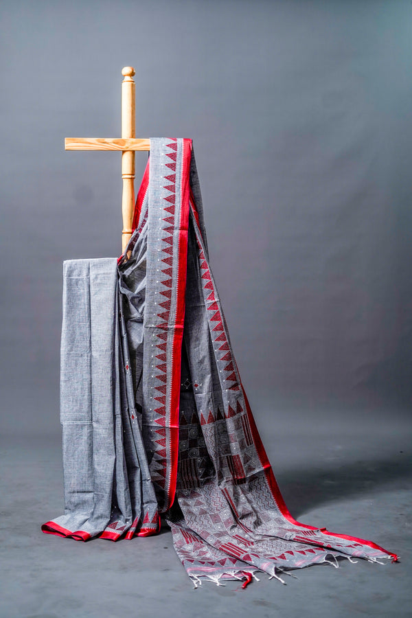 Pure Kantha Cotton Saree (Charcoal Grey Base with Maroon-Red Border)