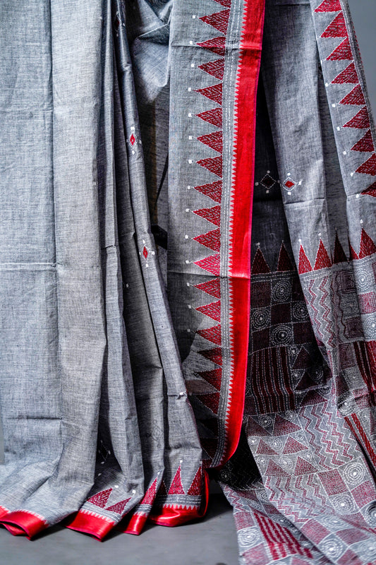 Pure Kantha Cotton Saree (Charcoal Grey Base with Maroon-Red Border) - Atulyakarigari