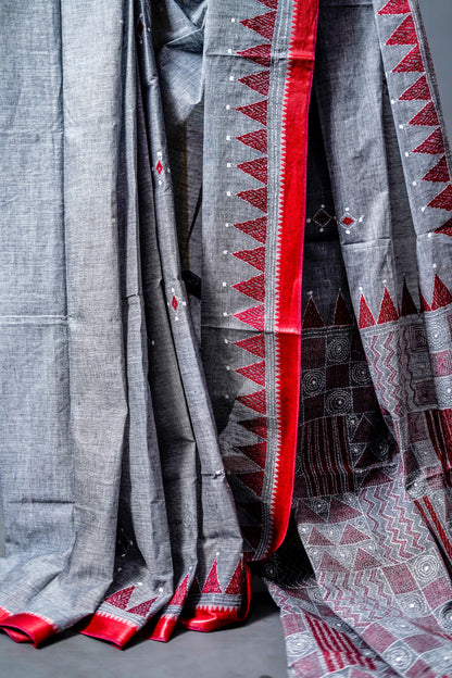Pure Kantha Cotton  (Charcoal Grey Base with Maroon-Red Border)