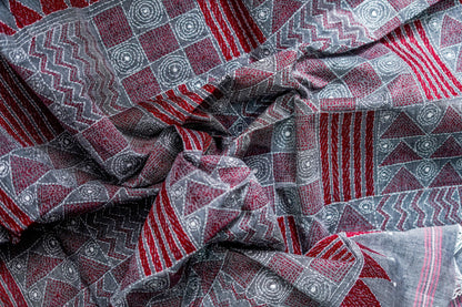 Pure Kantha Cotton  (Charcoal Grey Base with Maroon-Red Border)