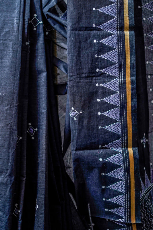 Pure Kantha Cotton Saree (Jet Black Body with Silver) - Atulyakarigari