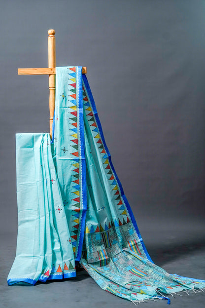 Pure Kantha Cotton (Cool Sky Blue base with multicolour thread )