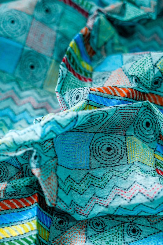 Pure Kantha Cotton Saree (Cool Sky Blue base with multicolour thread ) - Atulyakarigari