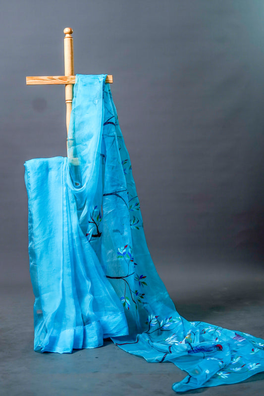 Pure Organza Hand Painted (Cool Sky Blue base with multicolour thread)