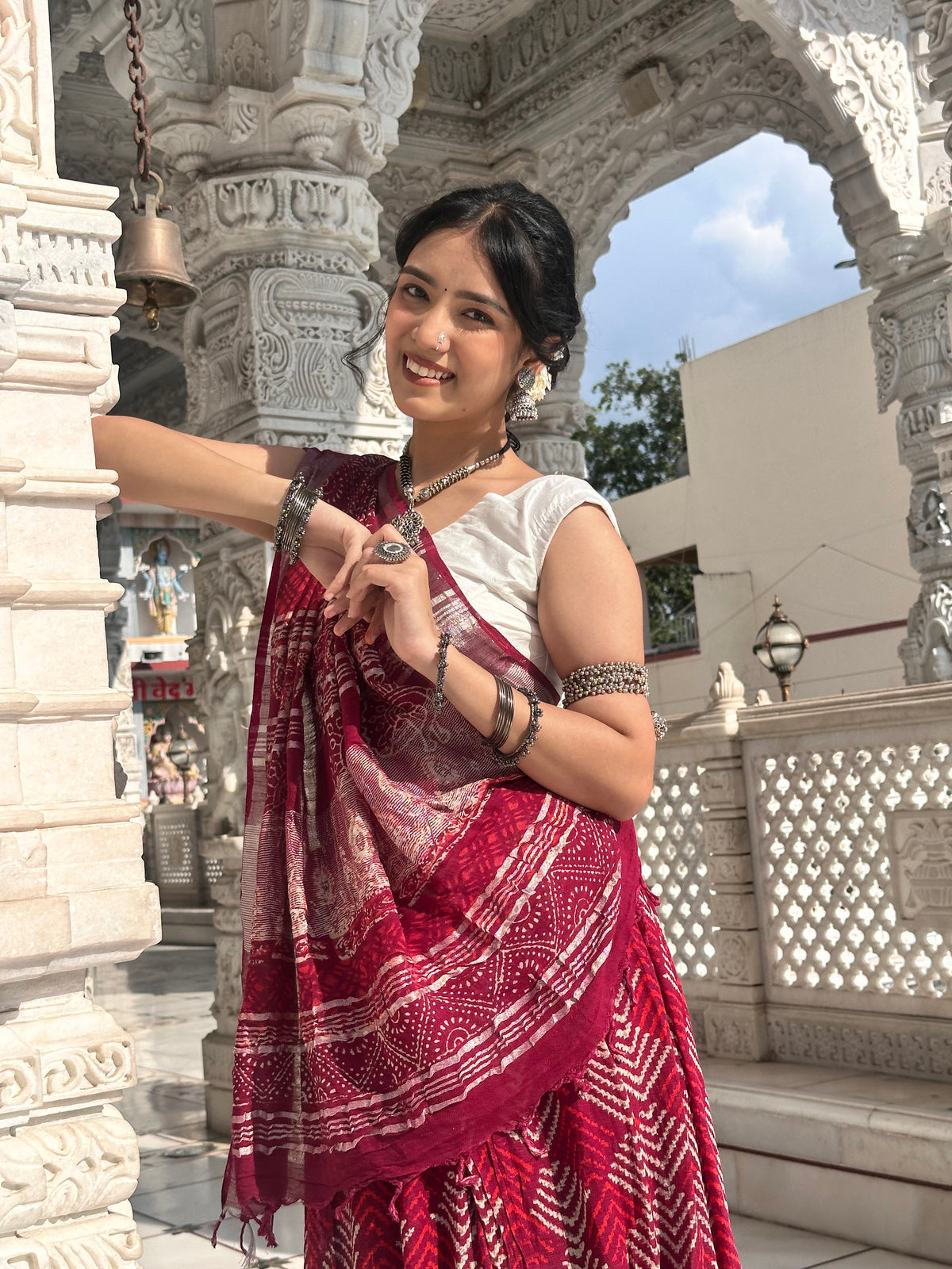 Maroon Cotton Saree with Geometric Border | Atulya Karigari