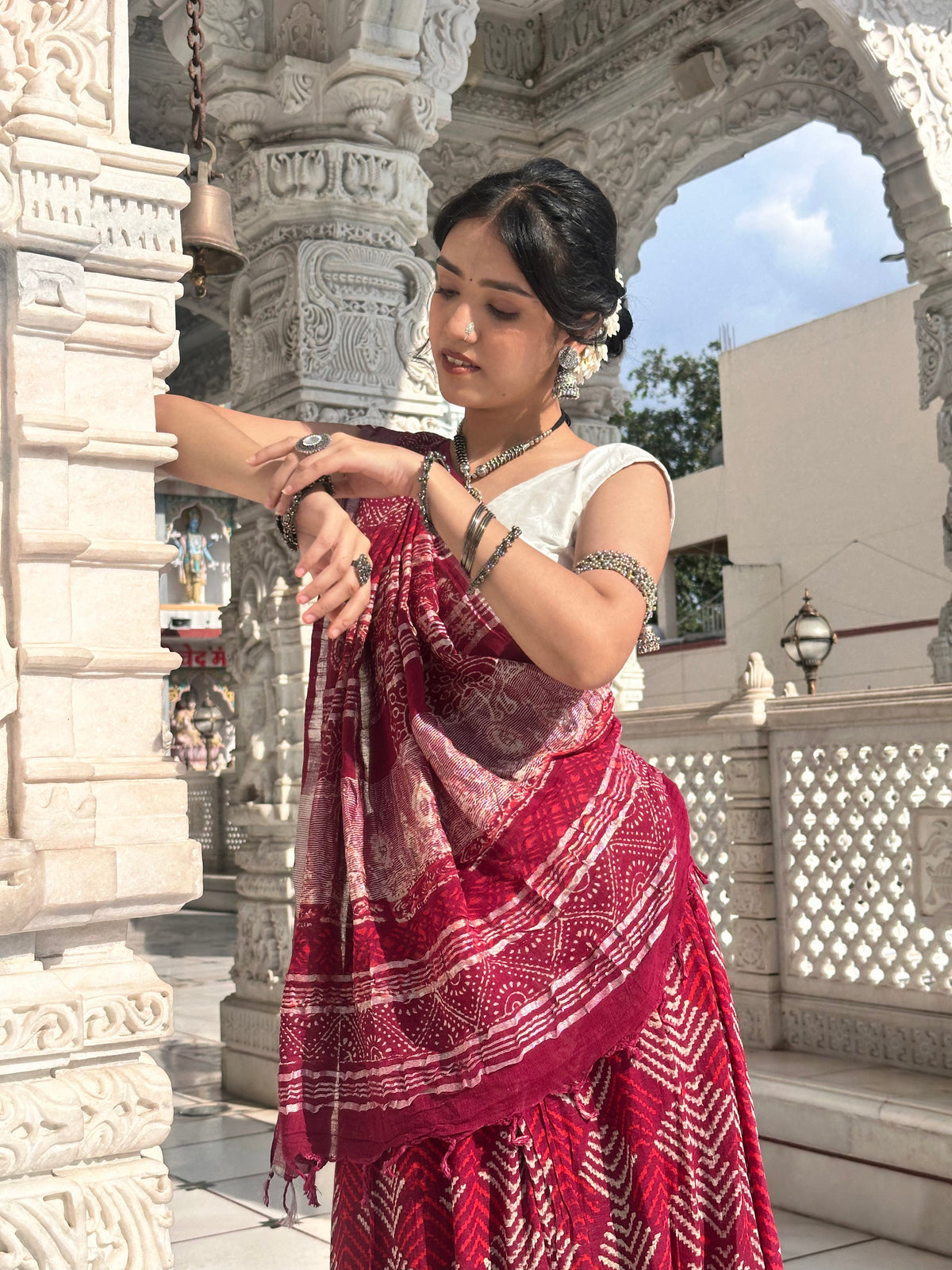 Maroon Cotton Saree with Geometric Border | Atulya Karigari