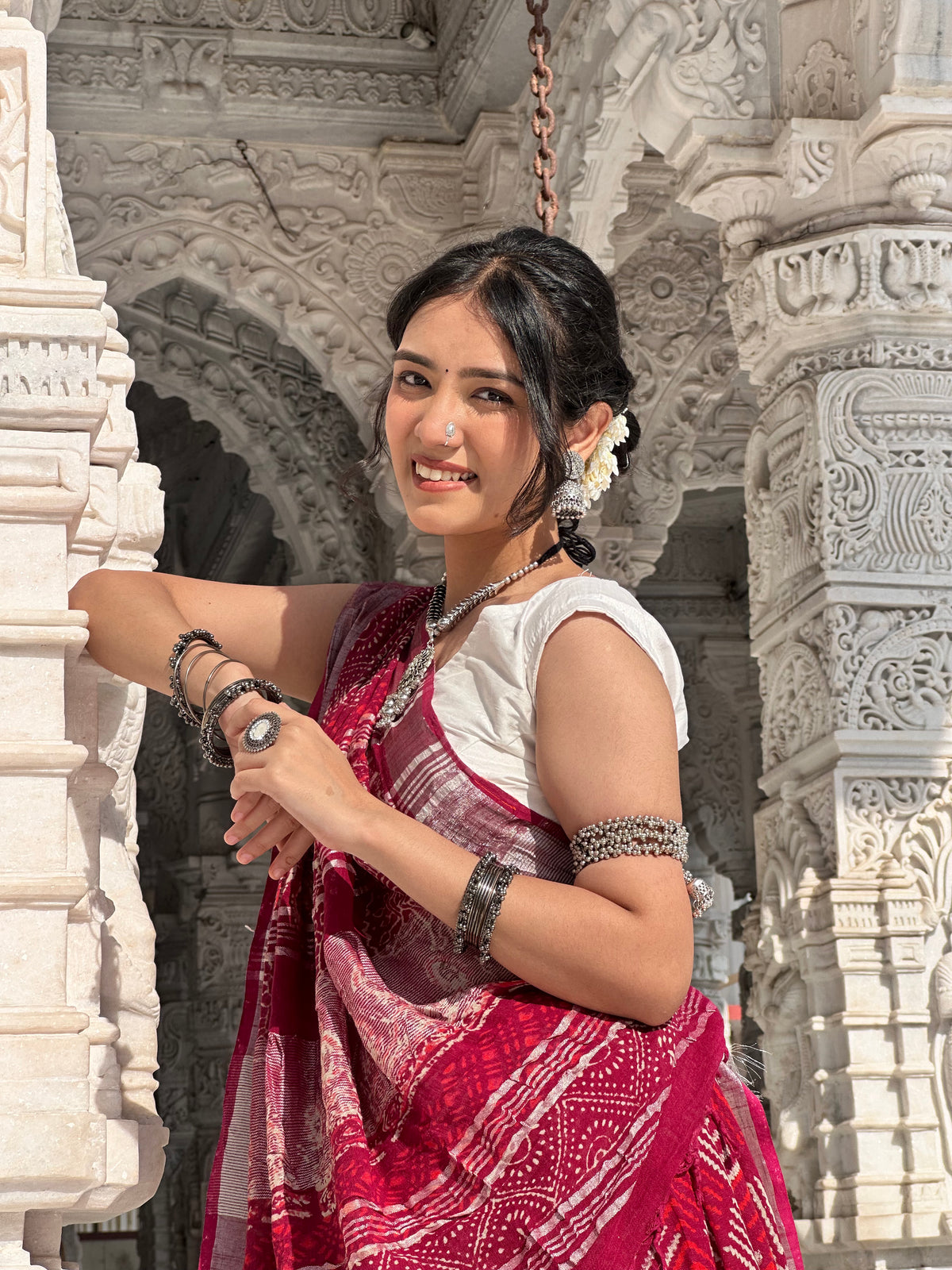 Maroon Cotton Saree with Geometric Border | Atulya Karigari