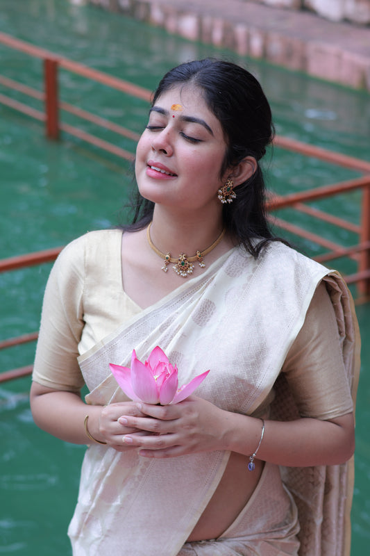 Katan Banarsi (off-white with golden zari border)