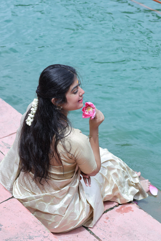 Katan Banarasi Saree (off-white with golden zari border) - Atulyakarigari