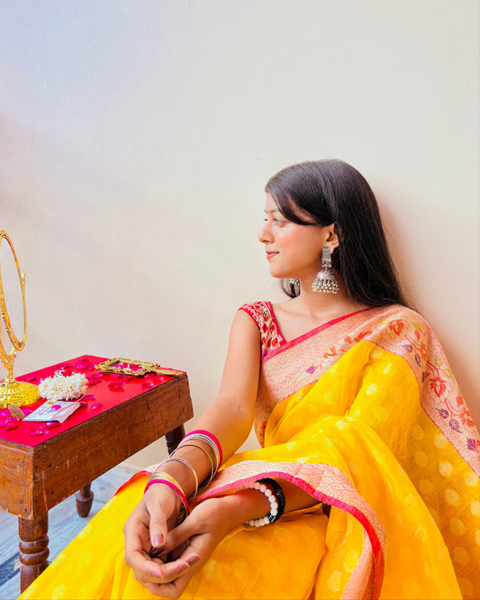 Basanti Yellow Banarasi Cotton Silk Saree –  Zari round floral motif with contrast border. - Atulyakarigari
