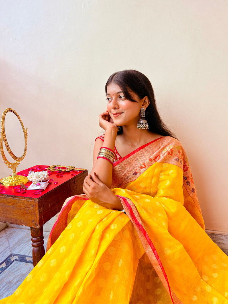 Basanti Yellow Banarasi Cotton Silk Saree, Zari