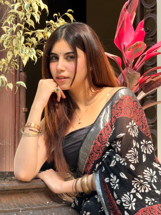 Pure Linen Cotton Hand Block Printed Saree – Black - Atulyakarigari