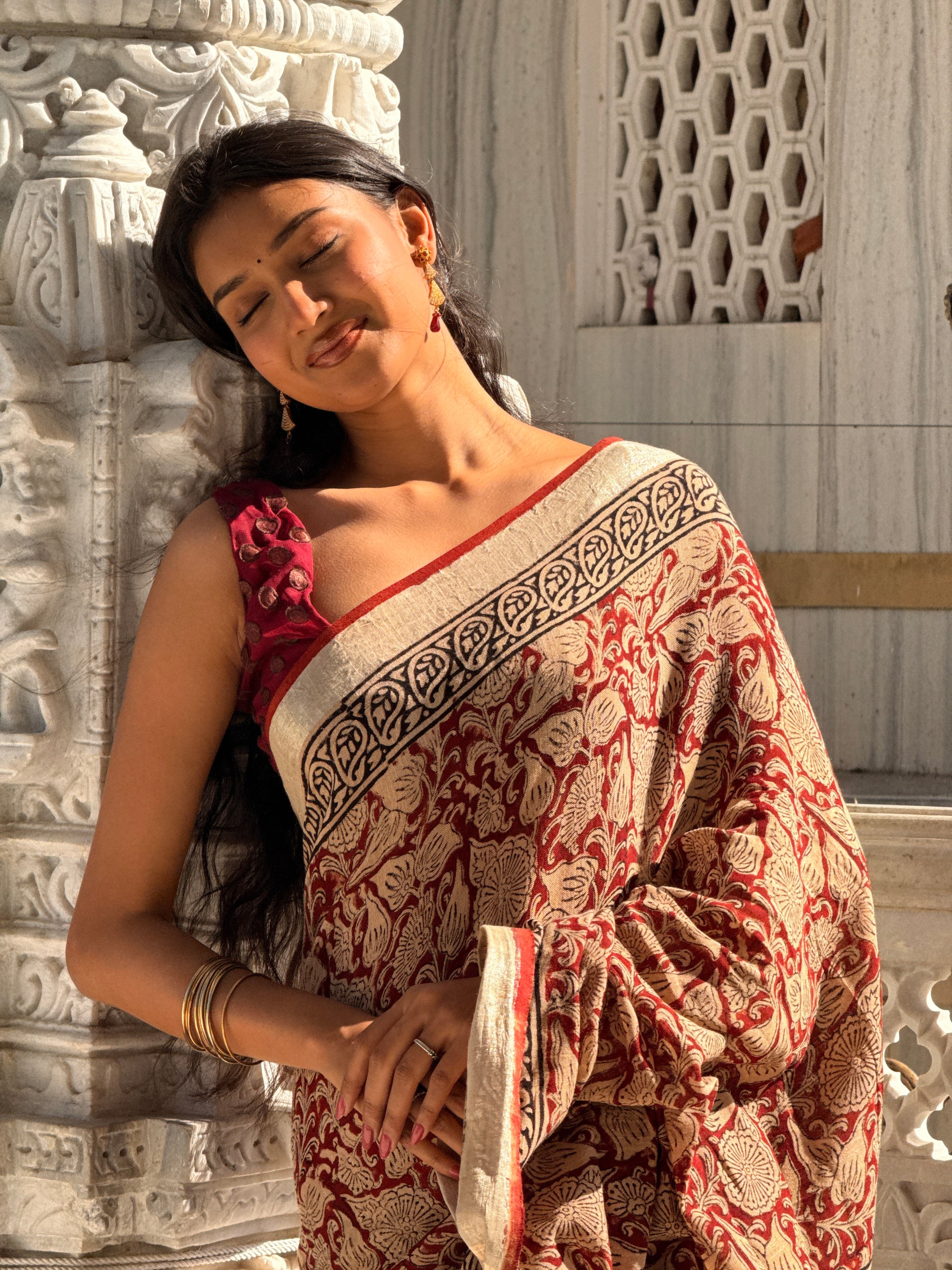 Pure Linen Cotton Hand Block Printed Saree – Brown - Atulyakarigari