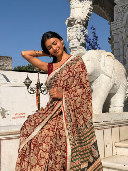Pure Linen Cotton Hand Block Printed Saree – Brown - Atulyakarigari