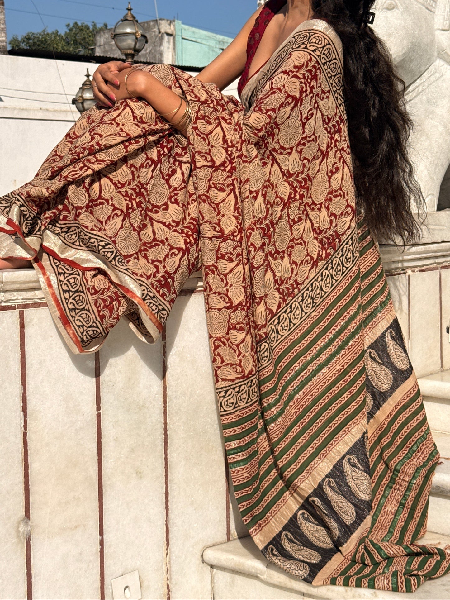 Pure Linen Cotton Hand Block Printed Saree – Brown - Atulyakarigari