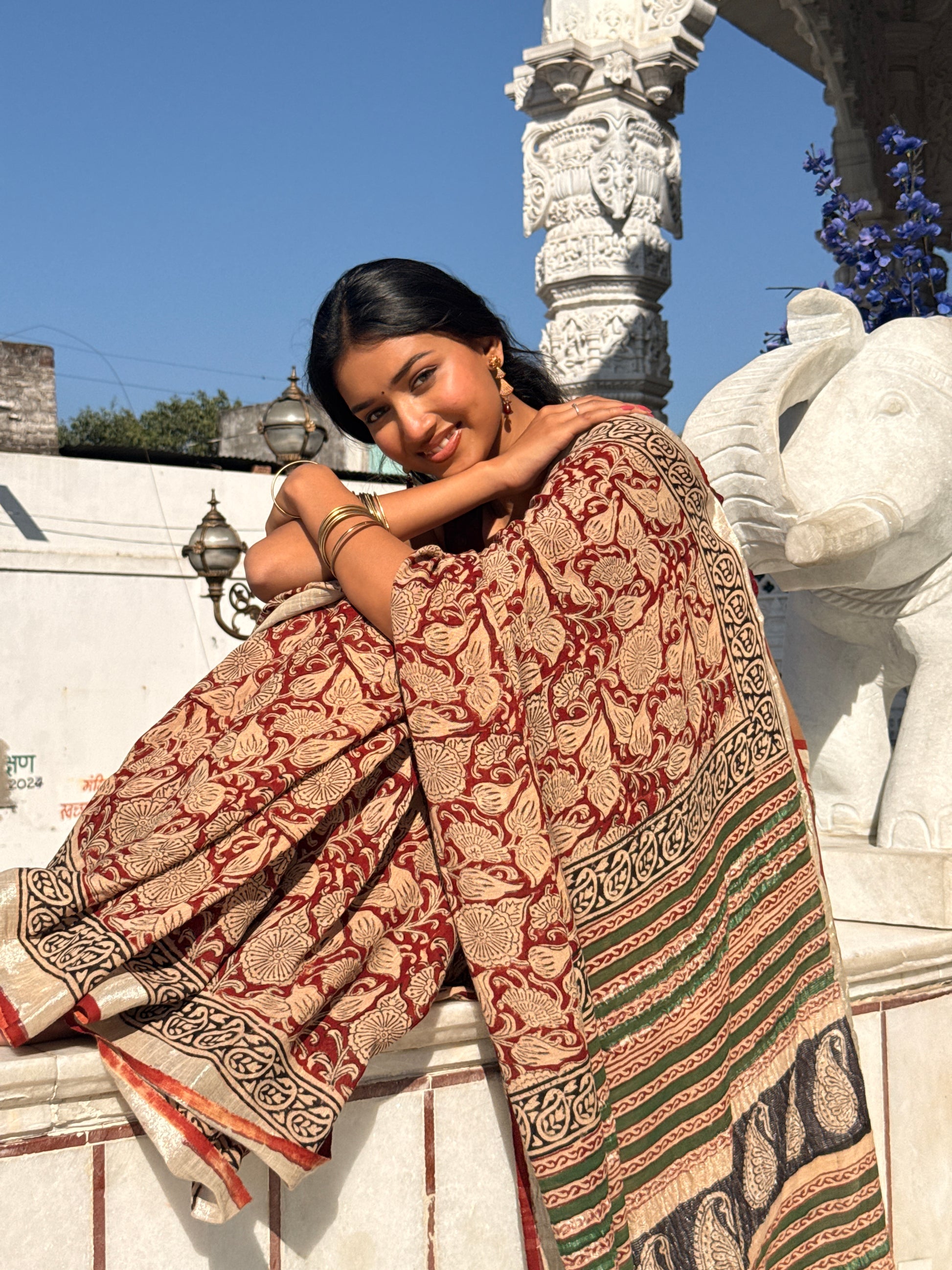 Pure Linen Cotton Hand Block Printed Saree – Brown - Atulyakarigari