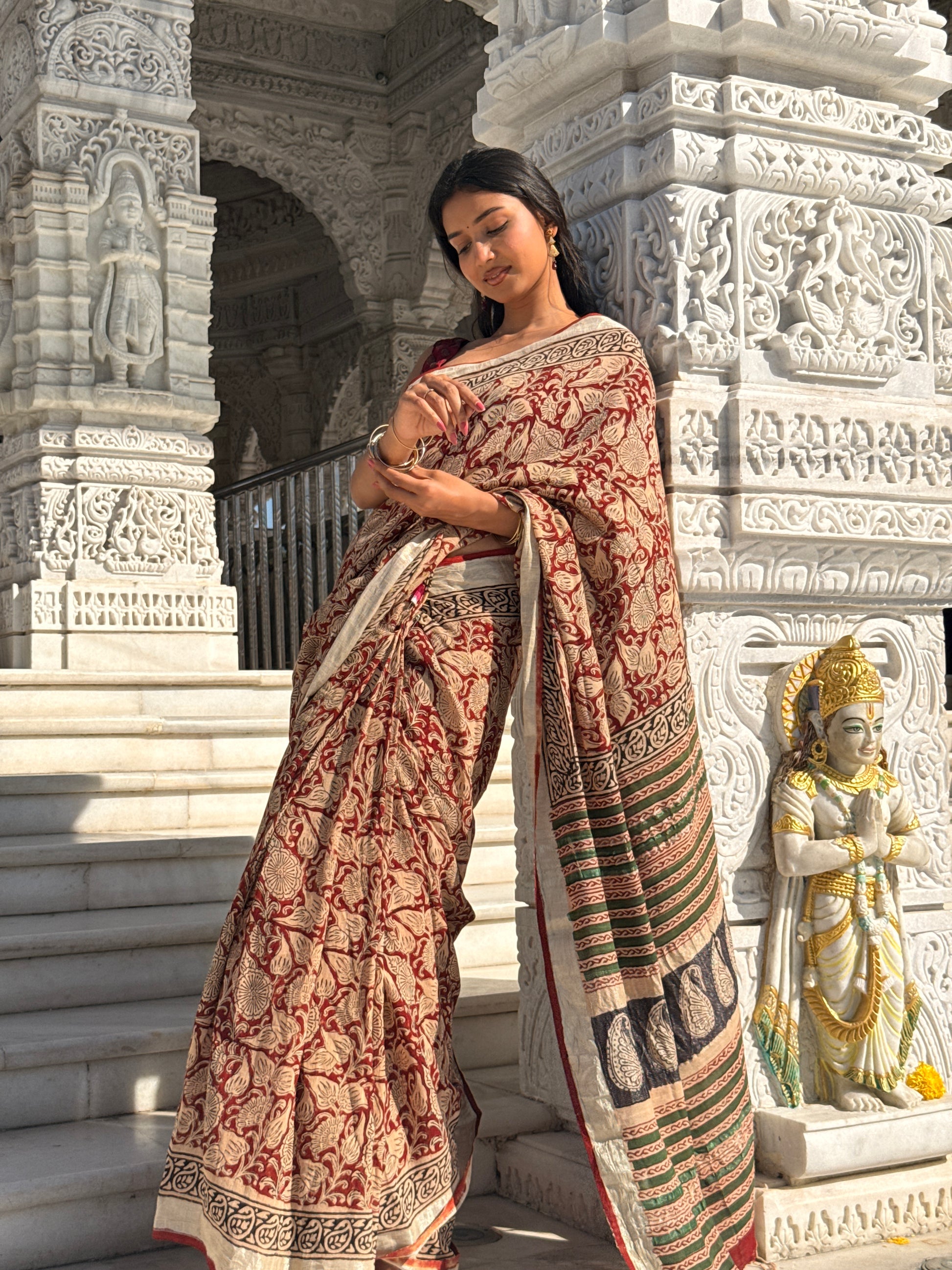 Pure Linen Cotton Hand Block Printed Saree – Brown - Atulyakarigari