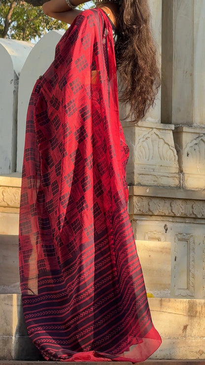 Pure Matka Silk Saree with Hand Block Print – Dark Carrot Pink - Atulyakarigari