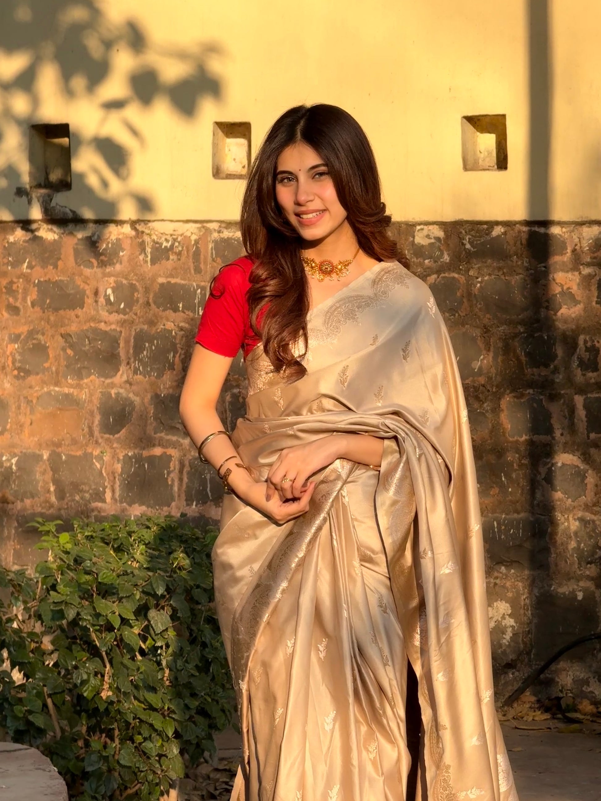 Mashru Silk Festive Saree – Beige & Golden Zari Border - Atulyakarigari