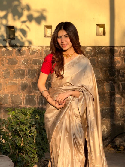 Mashru Silk Festive Saree – Beige & Golden Zari Border - Atulyakarigari