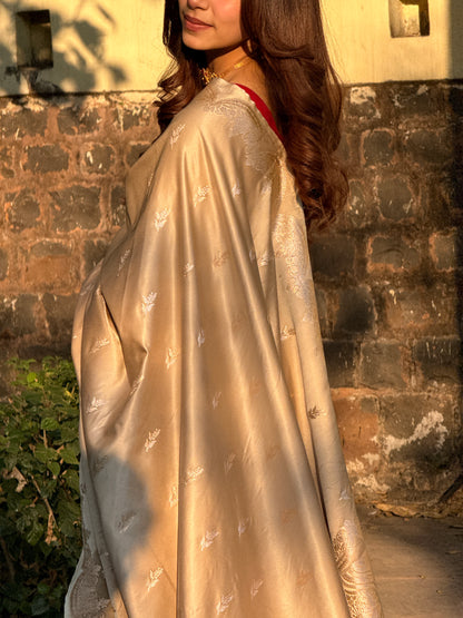 Mashru Silk Festive Saree – Beige & Golden Zari Border - Atulyakarigari