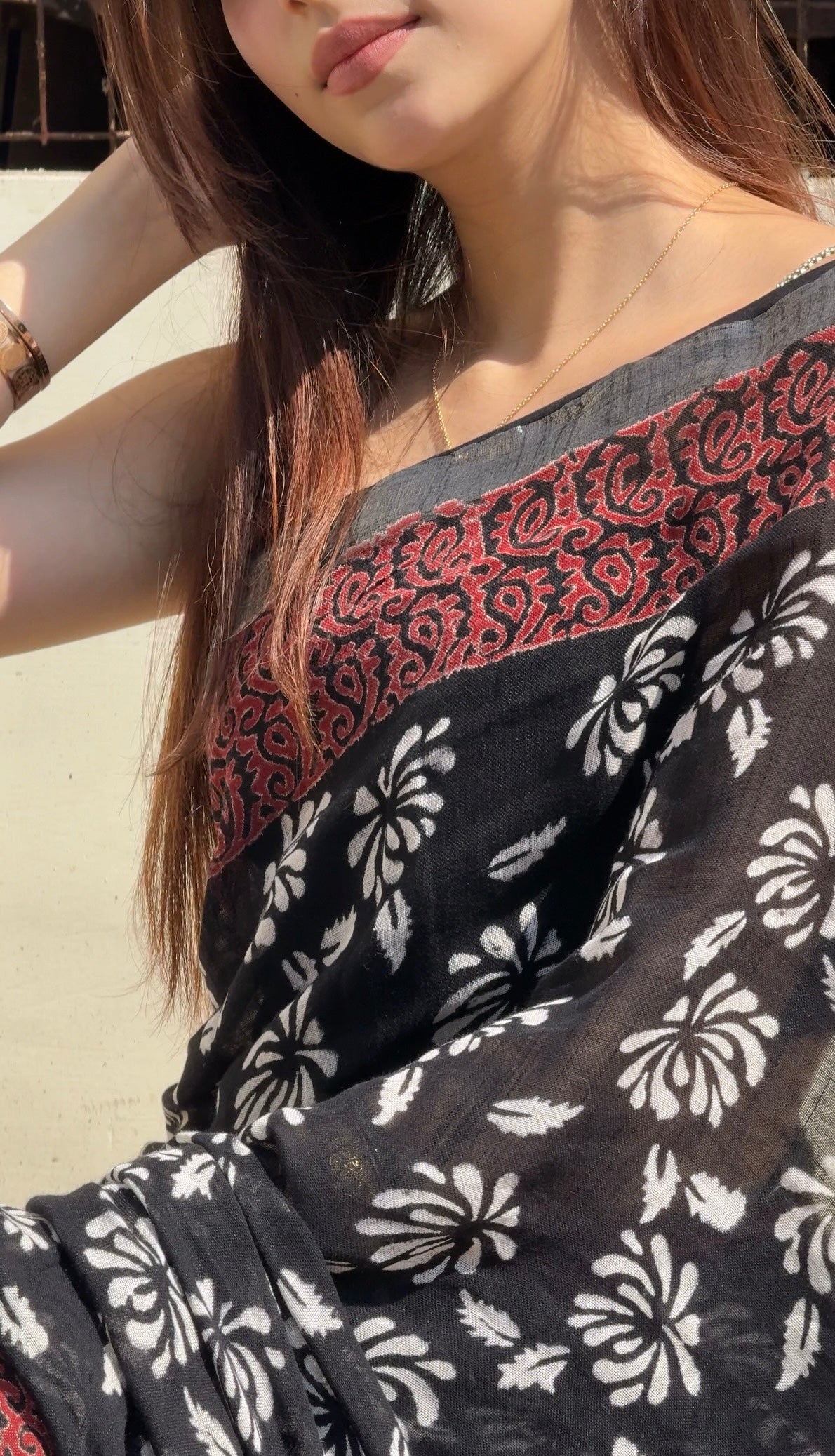 Pure Linen Cotton Hand Block Printed Saree – Black - Atulyakarigari