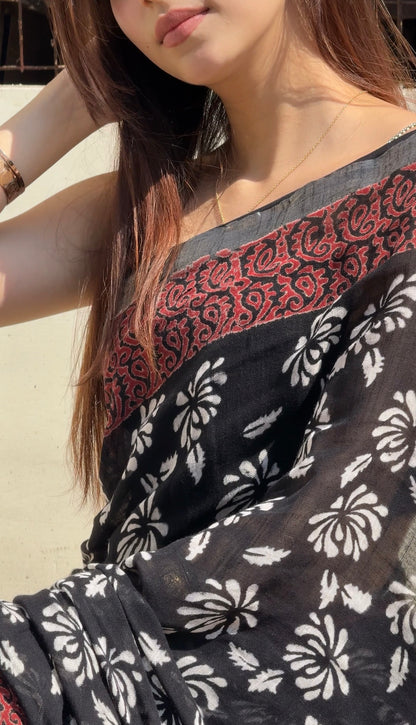 Pure Linen Cotton Hand Block Printed Saree – Black - Atulyakarigari