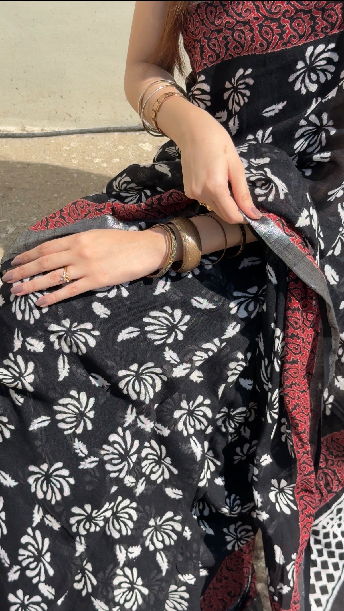 Pure Linen Cotton Hand Block Printed Saree – Black - Atulyakarigari