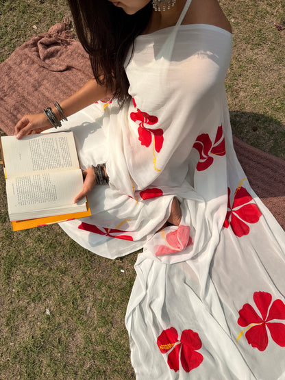 Pure georgette hand painted white saree - Atulyakarigari