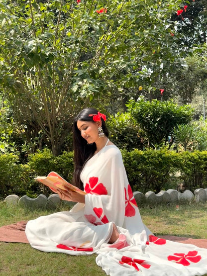 Pure georgette hand painted white saree - Atulyakarigari