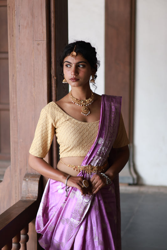 Purple banarasi Cotton Silk Saree – Mace Motif with Border - Atulyakarigari