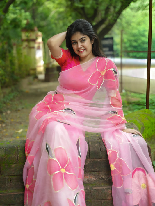 Carrot Pink Organza Saree Gotta patti Hand Painted - Atulyakarigari