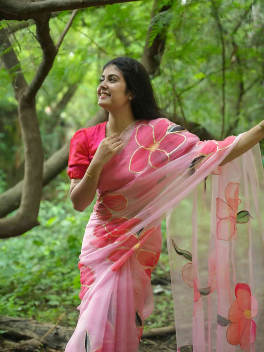 Carrot Pink Organza Saree Gotta patti Hand Painted