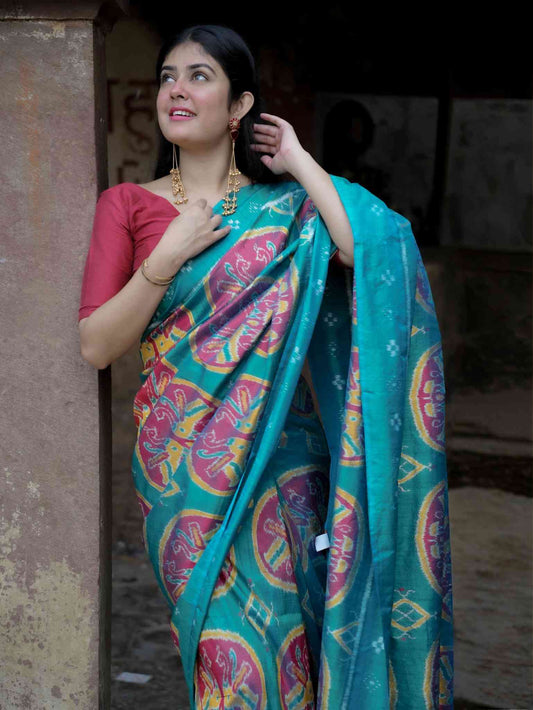 Khandua Silk Saree  (Peacock green with Peacock motif) - Atulyakarigari